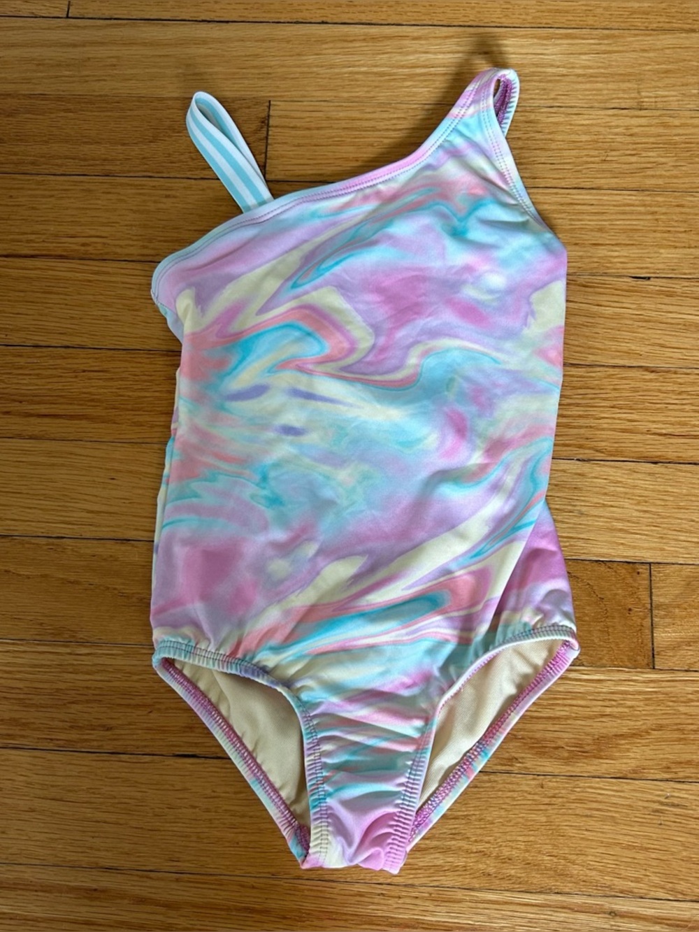 One-Shoulder Swirl Print Swimsuit Pastel Pink & Blue by Lands’ End Girls size 5